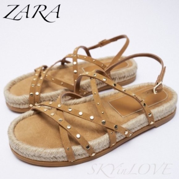 NEW ZARA STUDDED SPLIT SUEDE SANDALS BEIGE LEATHER STRAP WOMENS SIZE 6